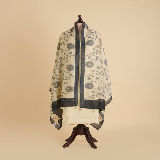 Beige Blue Tussar Silk Printed Dupatta with Katha Work