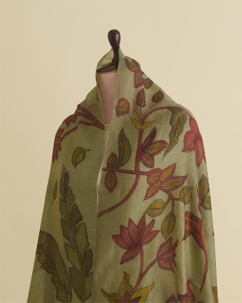 Dusty Green Tussar Kalamkari Printed Dupatta