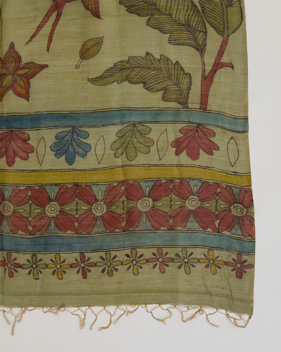 Dusty Green Tussar Kalamkari Printed Dupatta