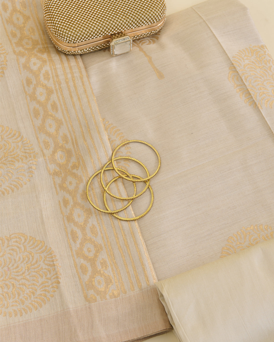 Beige Gold Tussar Printed Suit with Dupatta & Cotton Silk Bottom