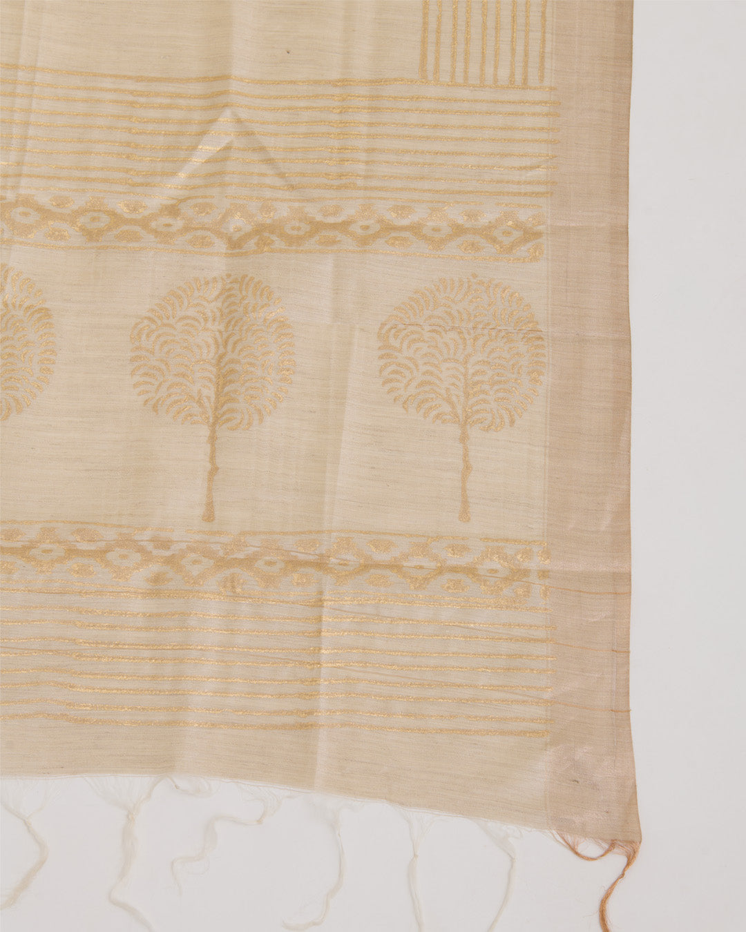 Beige Gold Tussar Printed Suit with Dupatta & Cotton Silk Bottom