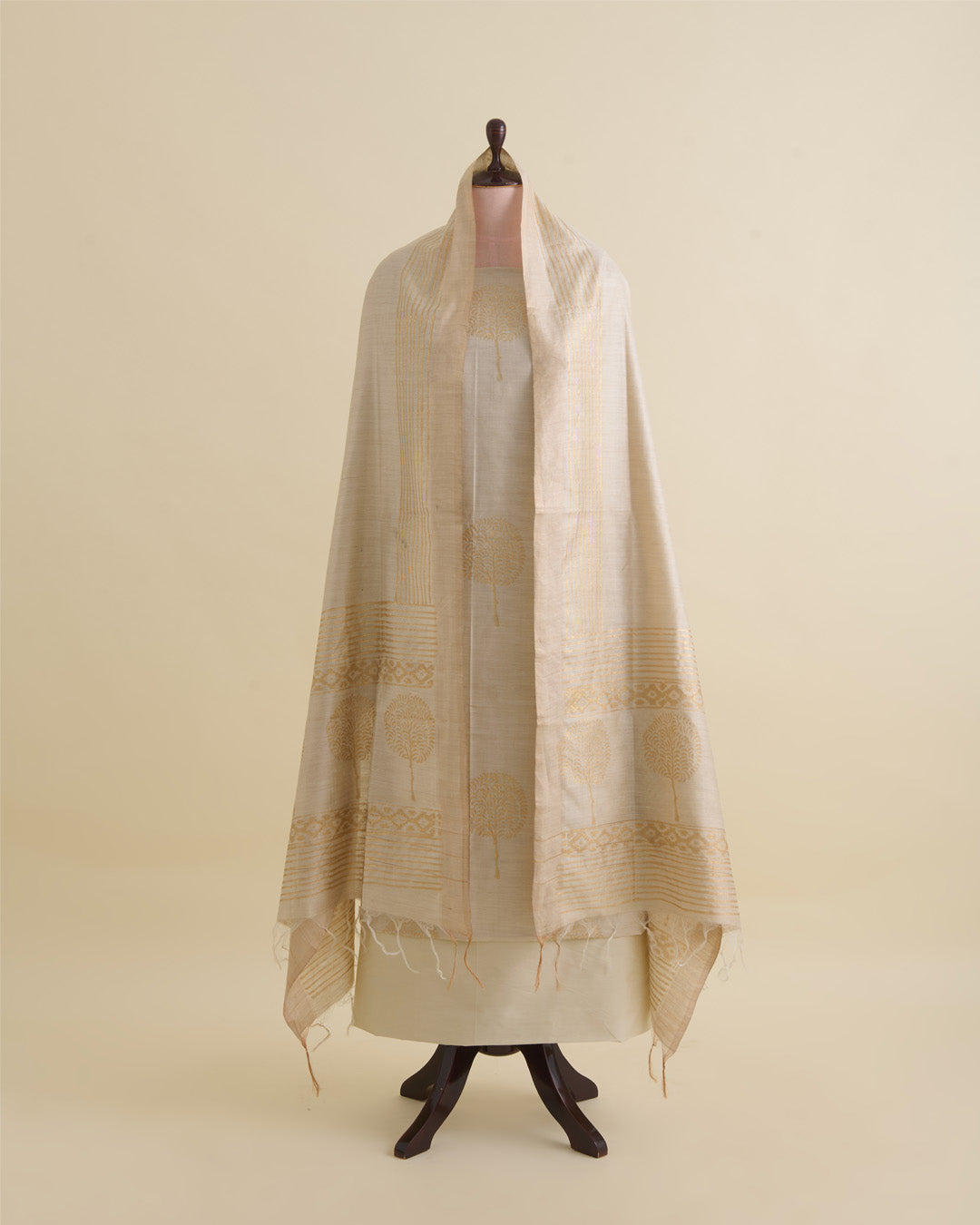 Beige Gold Tussar Printed Suit with Dupatta & Cotton Silk Bottom