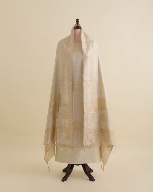 Beige Gold Tussar Printed Suit with Dupatta & Cotton Silk Bottom