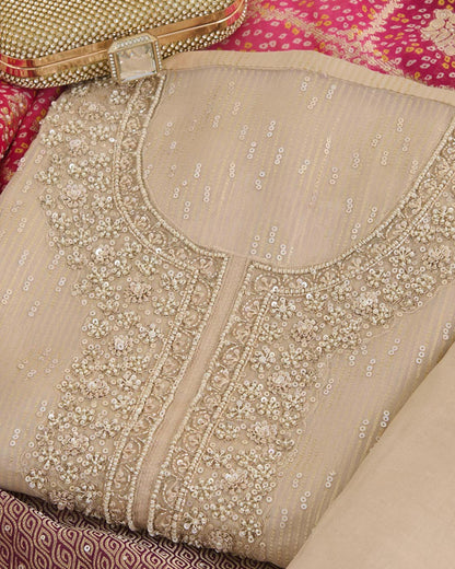 Beige & Magenta Tissue Lurex Embroidered Suit Set