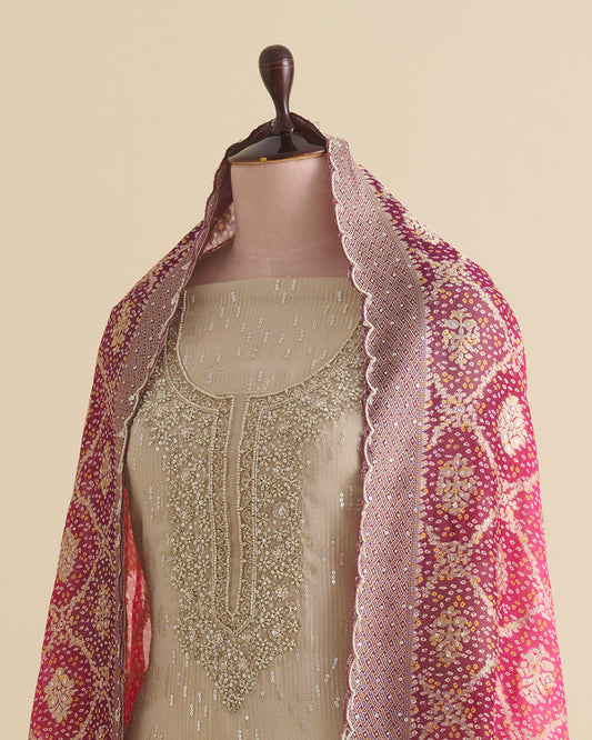 Beige & Magenta Tissue Lurex Embroidered Suit Set