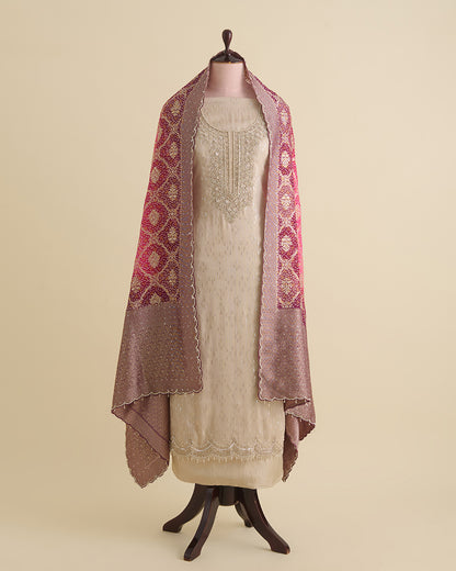Beige & Magenta Tissue Lurex Embroidered Suit Set