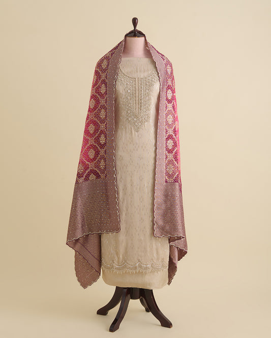 Beige & Magenta Tissue Lurex Embroidered Suit Set