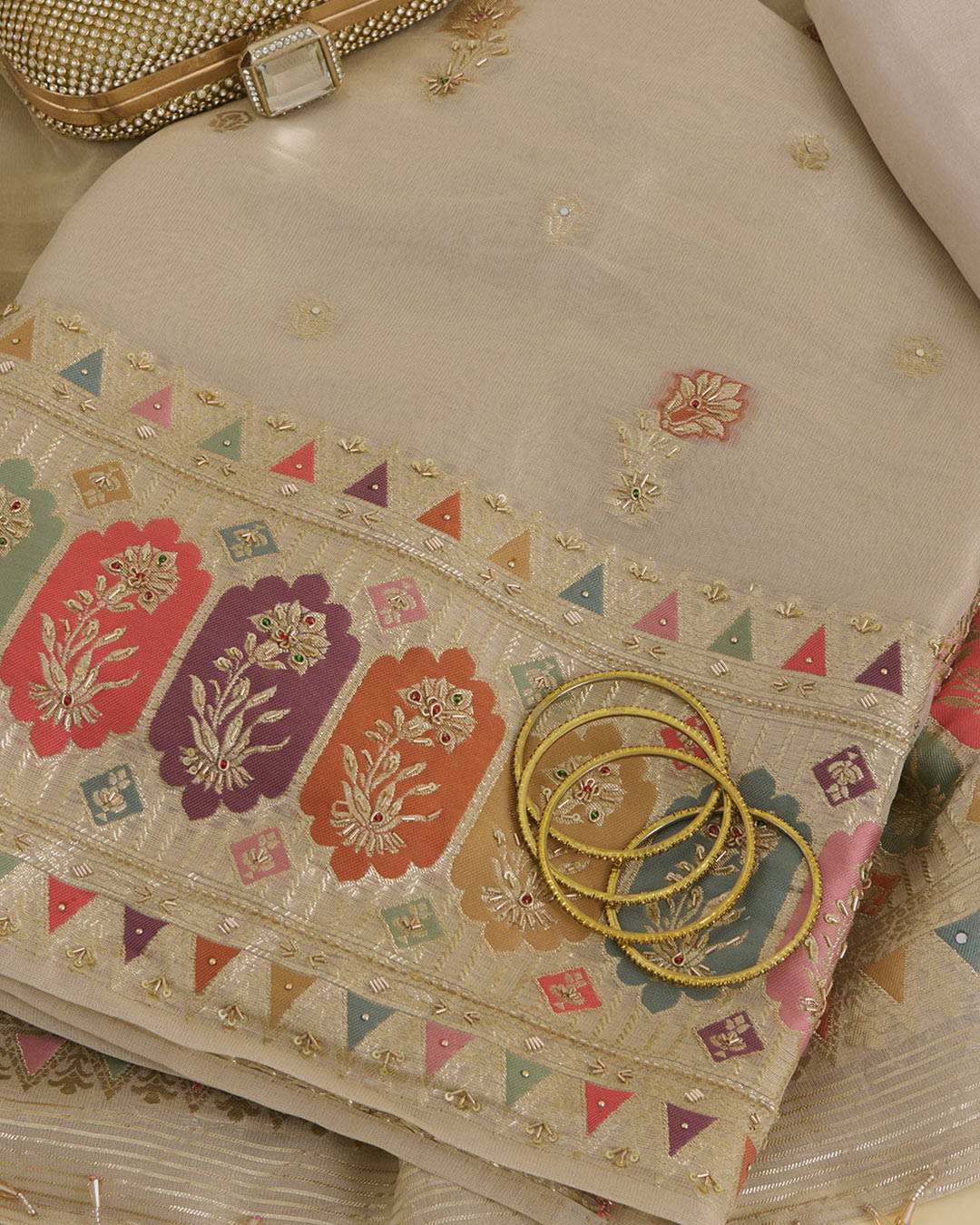 Beige Tissue Lurex Kurta Set with Multicolour Butti & Zardozi Work