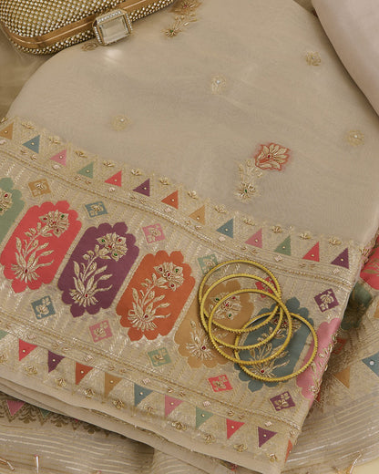 Beige Tissue Lurex Kurta Set with Multicolour Butti & Zardozi Work