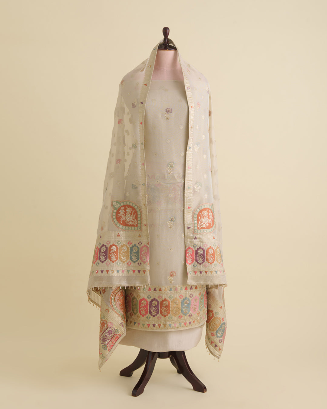 Beige Tissue Lurex Kurta Set with Multicolour Butti & Zardozi Work