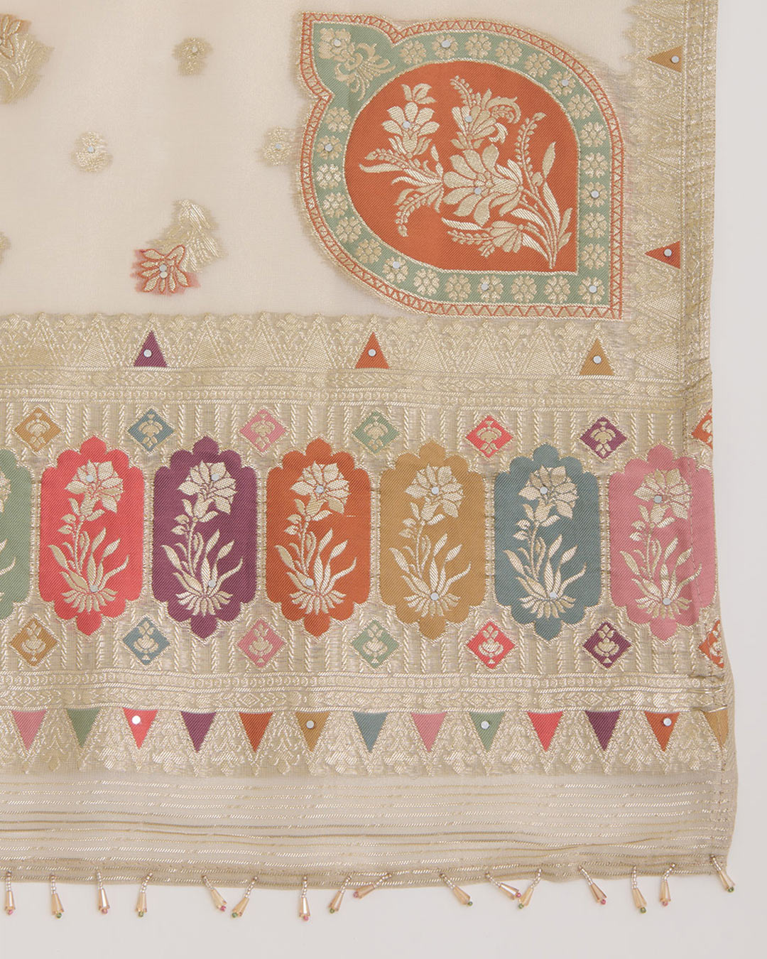 Beige Tissue Lurex Kurta Set with Multicolour Butti & Zardozi Work