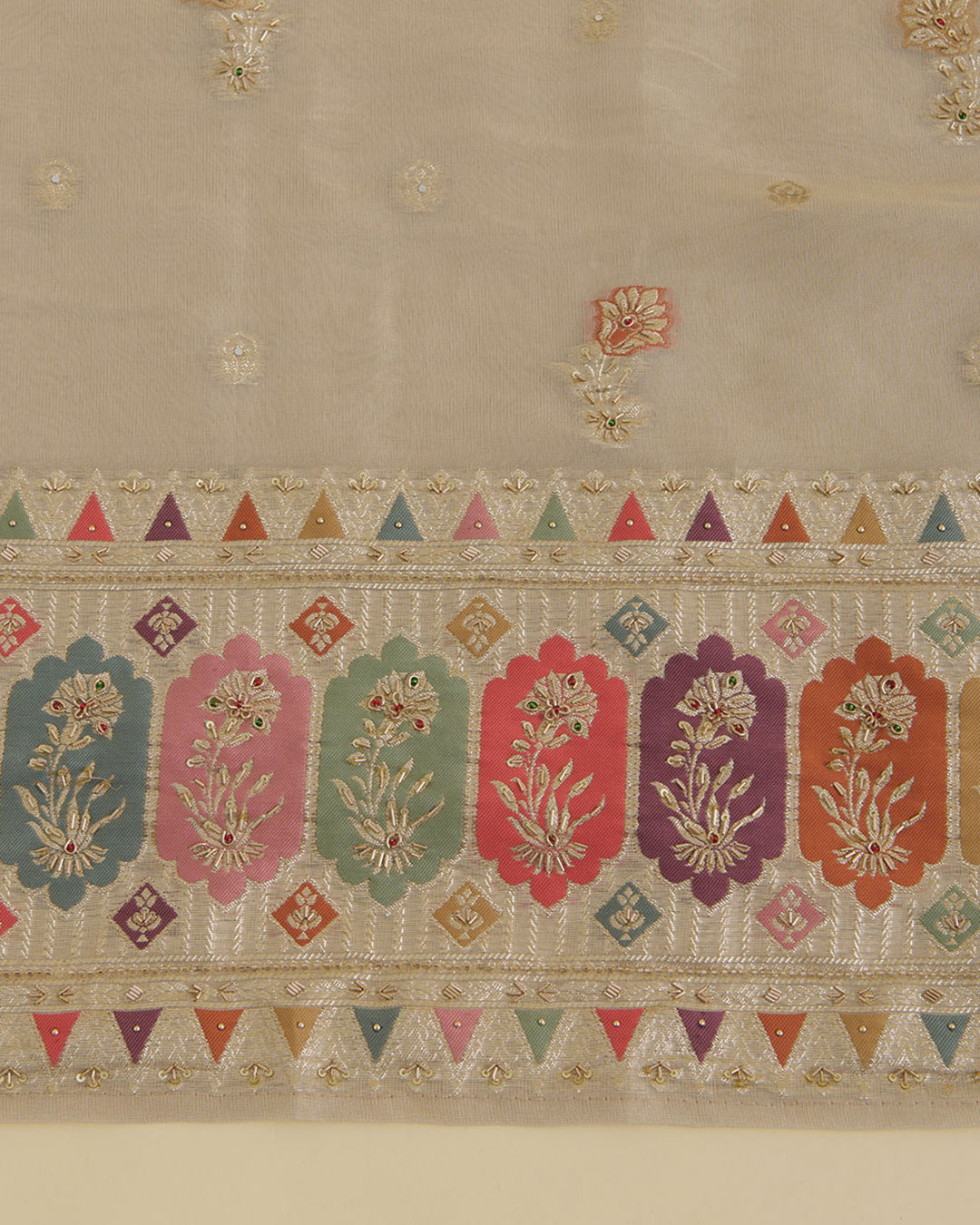 Beige Tissue Lurex Kurta Set with Multicolour Butti & Zardozi Work