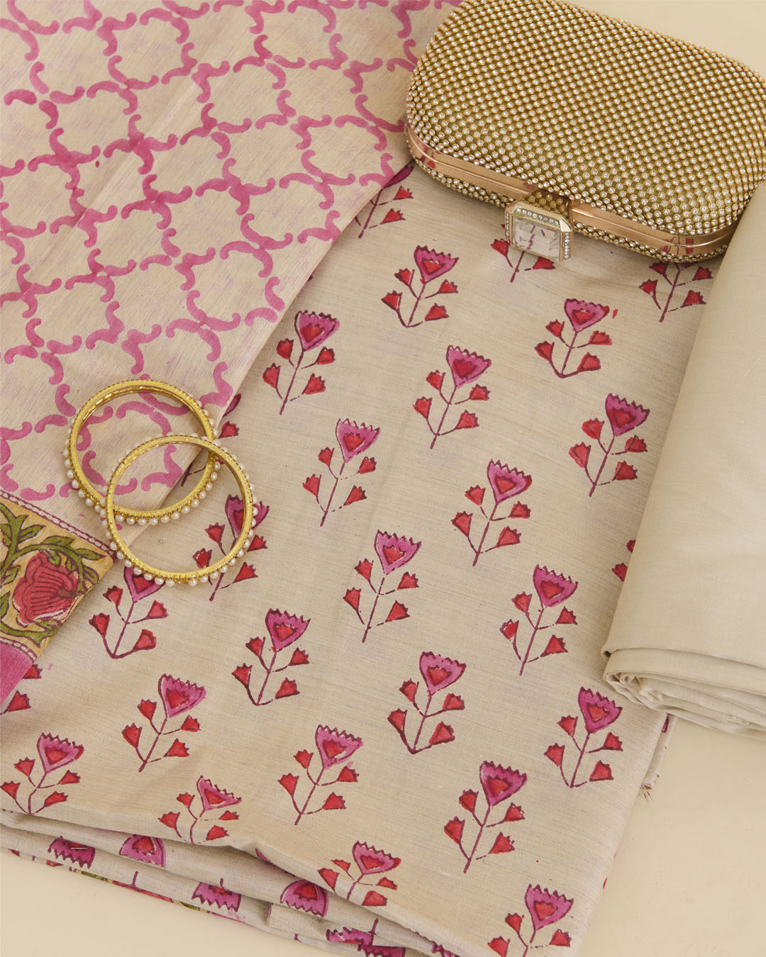 Beige Pink Tussar Printed Suit with Dupatta & Cotton Silk Bottom
