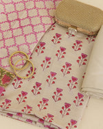 Beige Pink Tussar Printed Suit with Dupatta & Cotton Silk Bottom
