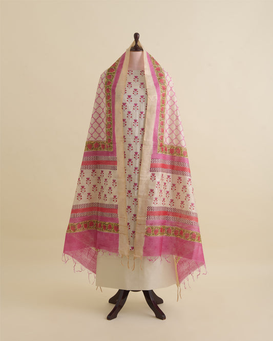 Beige Pink Tussar Printed Suit with Dupatta & Cotton Silk Bottom