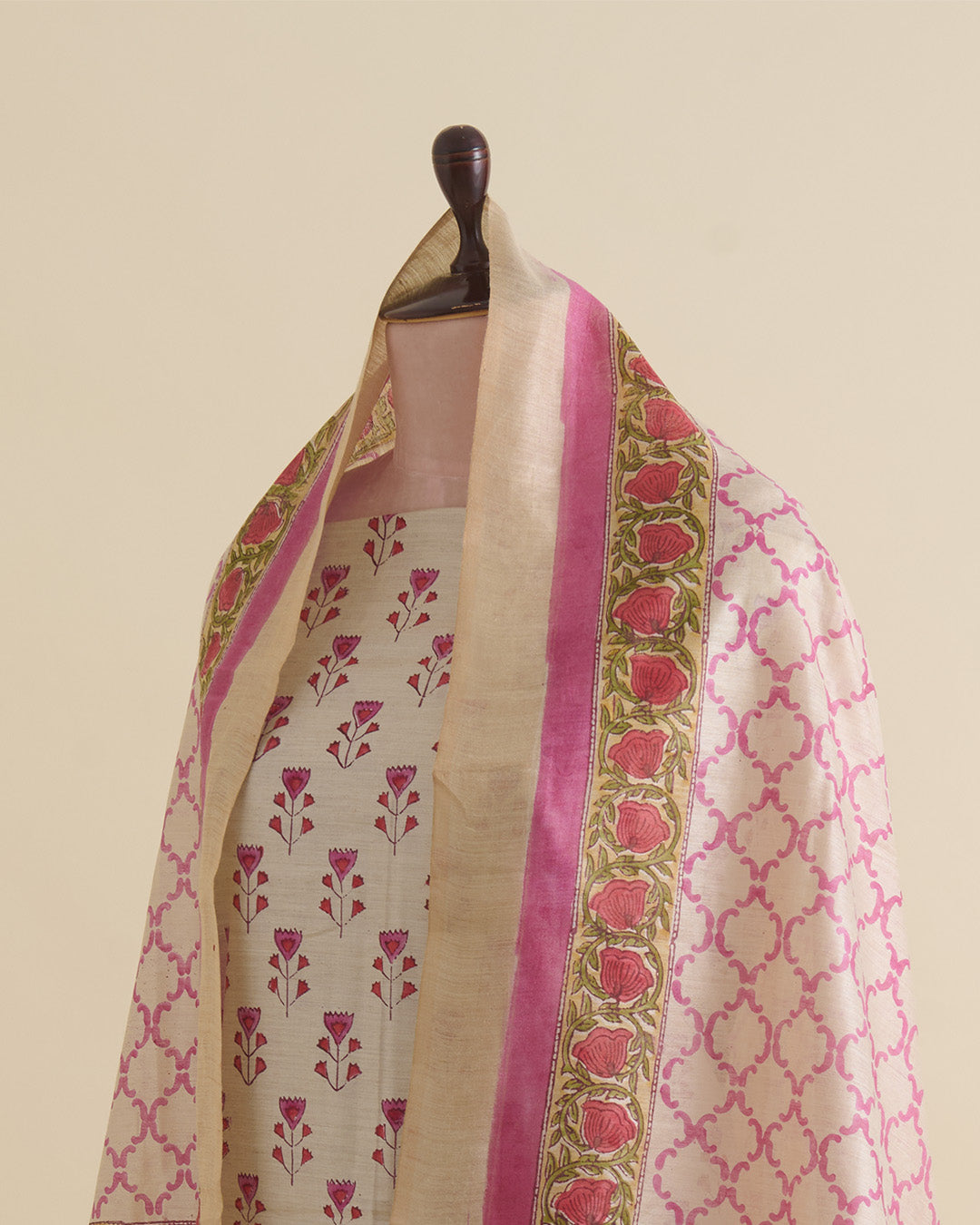 Beige Pink Tussar Printed Suit with Dupatta & Cotton Silk Bottom