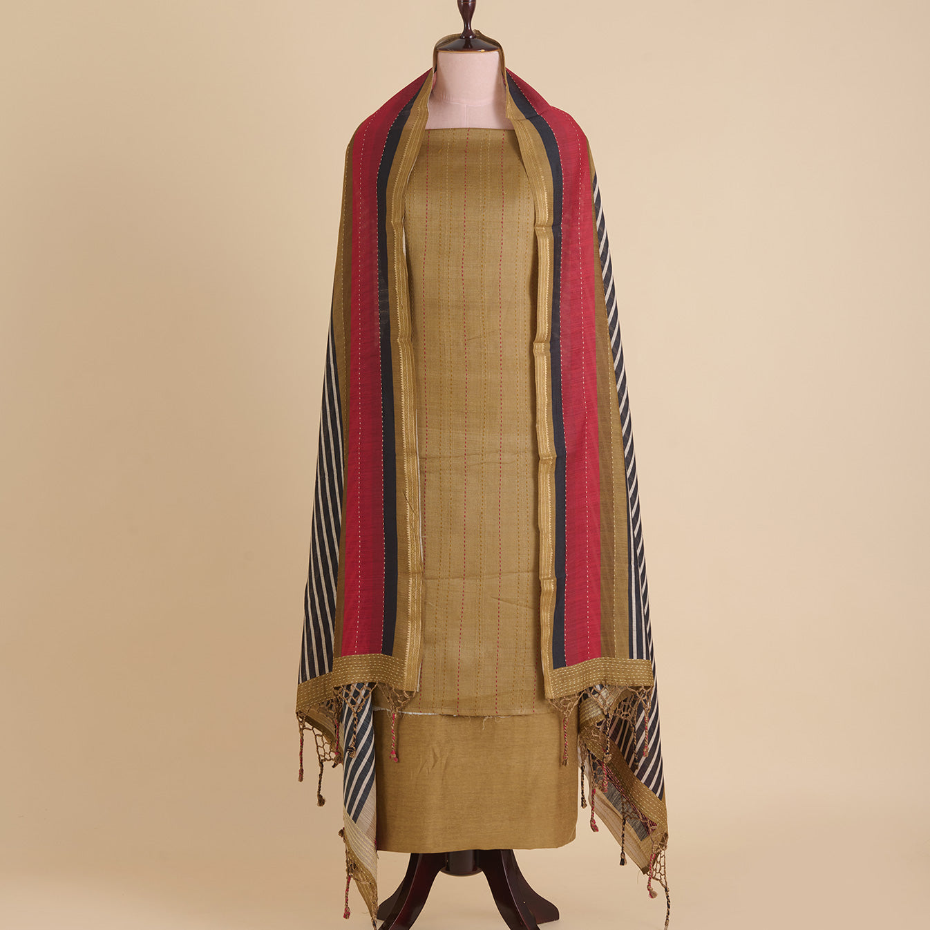 Beige Red Tussar Silk Katha Stitch Embroidered Suit