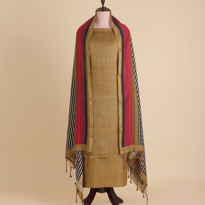 Beige Red Tussar Silk Katha Stitch Embroidered Suit