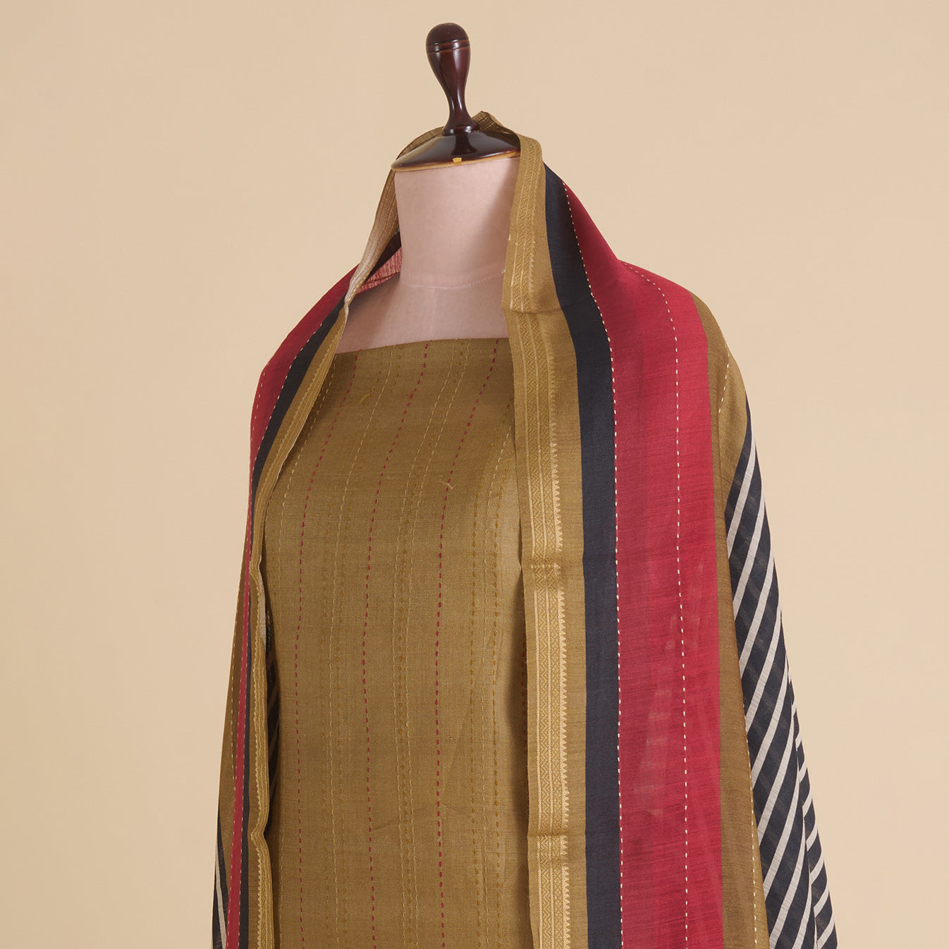Beige Red Tussar Silk Katha Stitch Embroidered Suit