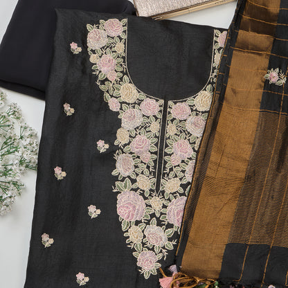 Black Tussar Silk Kurta Set with Resham & Zari Embroidery