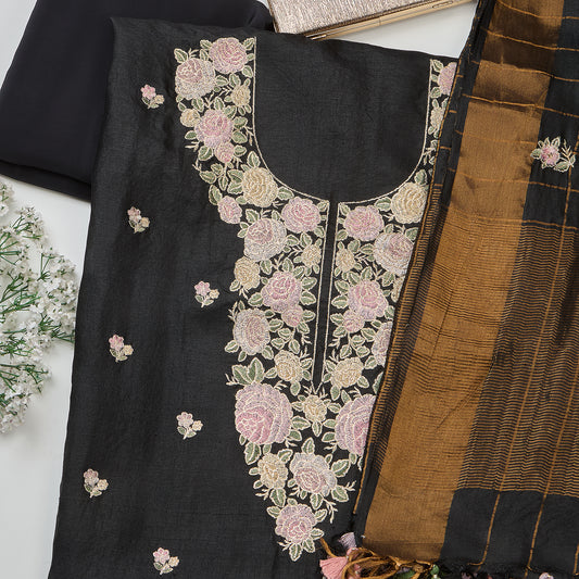 Black Tussar Silk Kurta Set with Resham & Zari Embroidery
