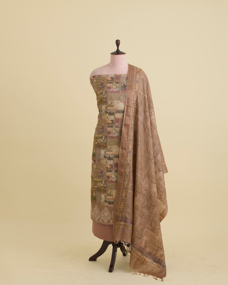 Beige Tussar Silk Printed Kurta Set with Zari & Sequin Highlights