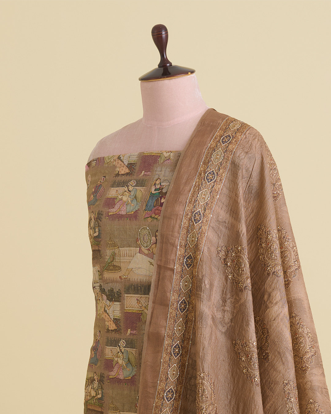 Beige Tussar Silk Printed Kurta Set with Zari & Sequin Highlights