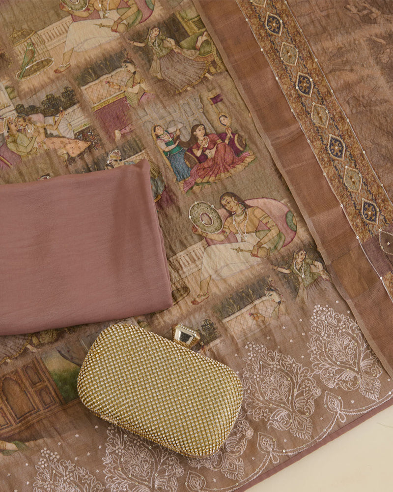 Beige Tussar Silk Printed Kurta Set with Zari & Sequin Highlights