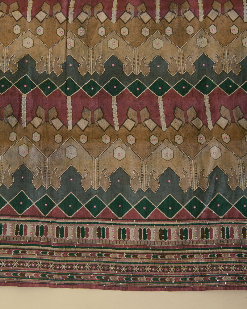 Beige Multi Tussar Silk Printed Suit with Sequin & Zari Highlights