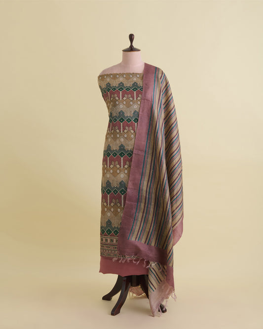 Beige Multi Tussar Silk Printed Suit with Sequin & Zari Highlights