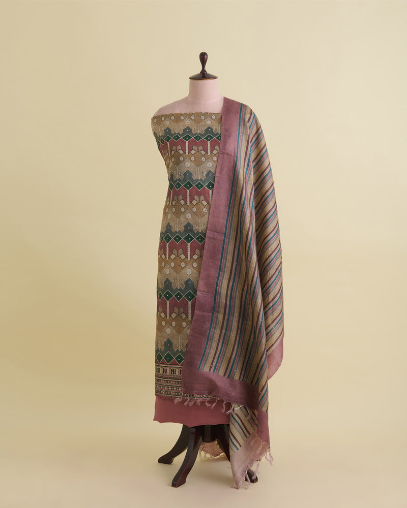 Beige Multi Tussar Silk Printed Suit with Sequin & Zari Highlights