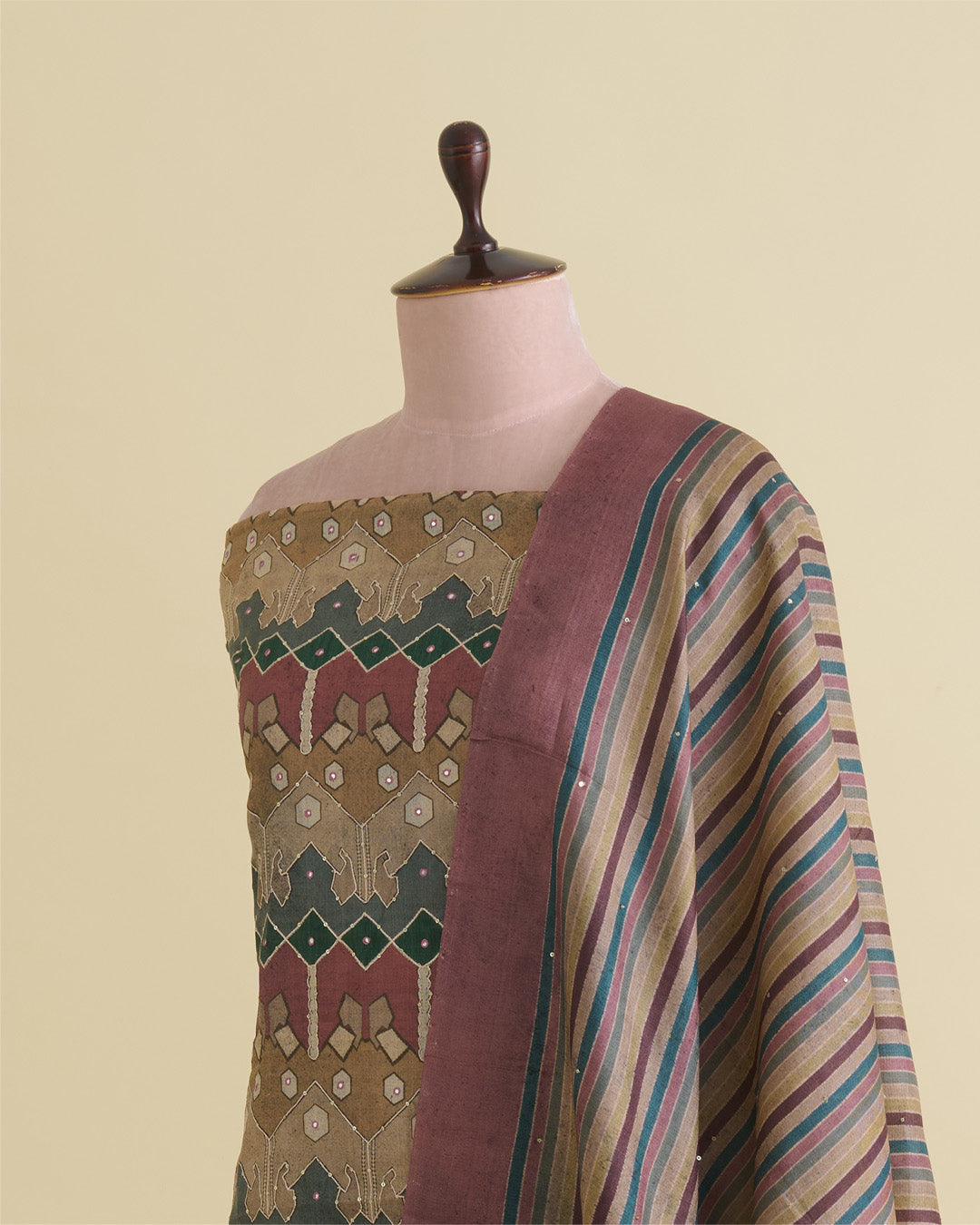 Beige Multi Tussar Silk Printed Suit with Sequin & Zari Highlights