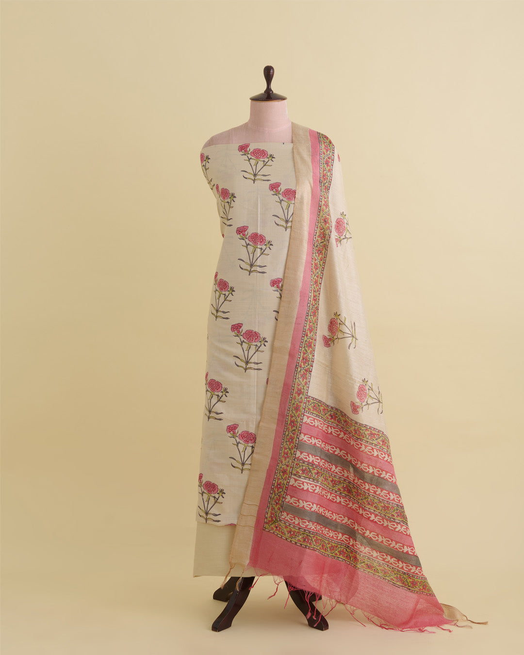Munga Tussar Mughal Print Kurta with Dupatta & Plain Cotton Silk Suit Piece Beige/Multicolor
