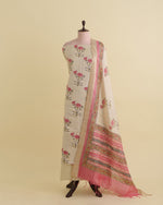 Munga Tussar Mughal Print Kurta with Dupatta & Plain Cotton Silk Suit Piece Beige/Multicolor