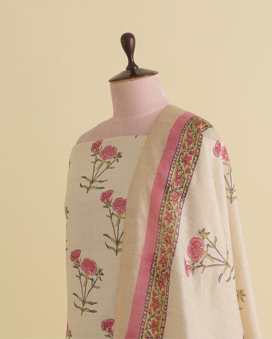 Munga Tussar Mughal Print Kurta with Dupatta & Plain Cotton Silk Suit Piece Beige/Multicolor