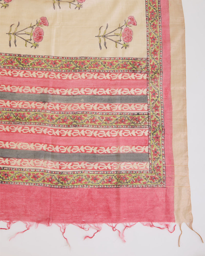 Munga Tussar Mughal Print Kurta with Dupatta & Plain Cotton Silk Suit Piece Beige/Multicolor