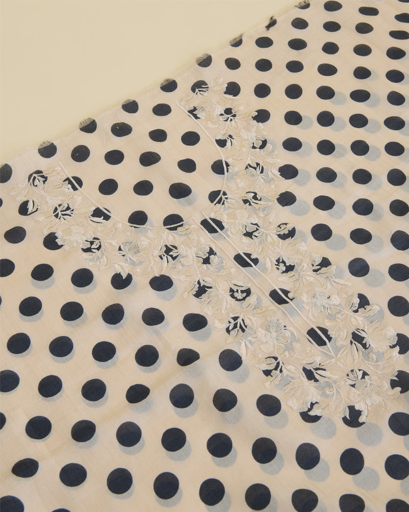 Polka Doted Printed Kurta with Parsi Work Embroidery Cream & Black Suit Piece