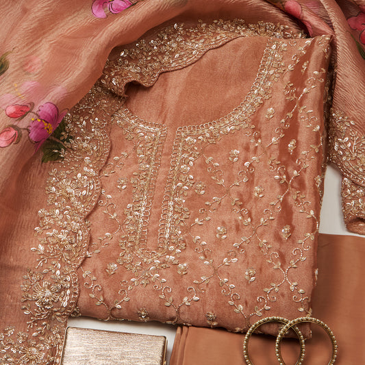 Dusty Peach Silk Tissue Kurta Set with Cutdana & Jaal Print
