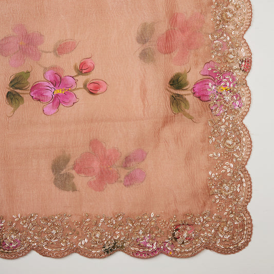 Dusty Peach Silk Tissue Kurta Set with Cutdana & Jaal Print