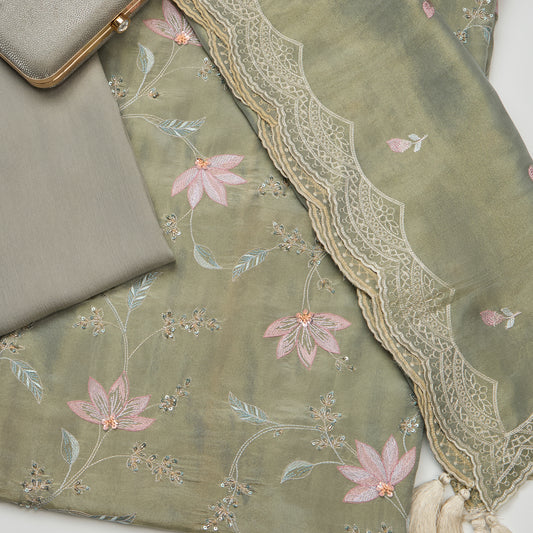 Dusty Green Tissue Kurta Set with Resham & Cutdana Highlights