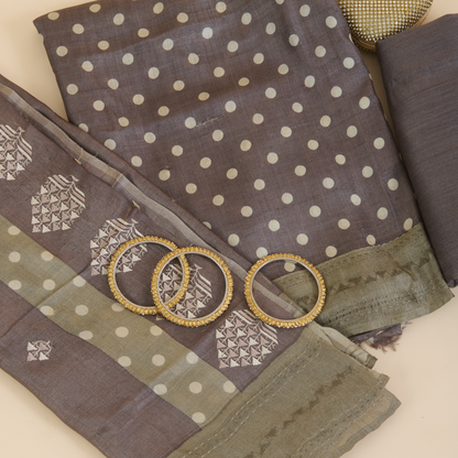 Dark Grey Tussar Silk Printed Kurta with Embroidered Dupatta