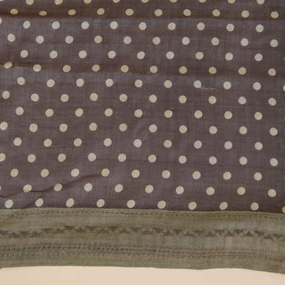 Dark Grey Tussar Silk Printed Kurta with Embroidered Dupatta