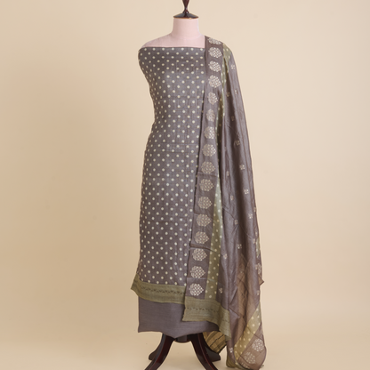 Dark Grey Tussar Silk Printed Kurta with Embroidered Dupatta