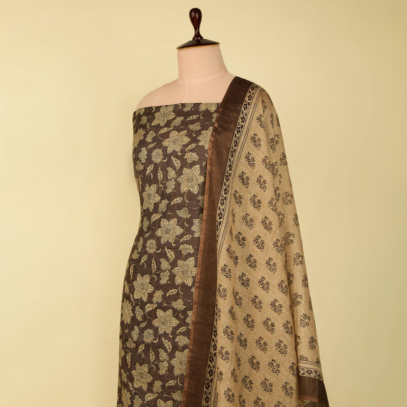 Dusty Grey Tussar Silk Printed Suit with Tussar Silk Dupatta