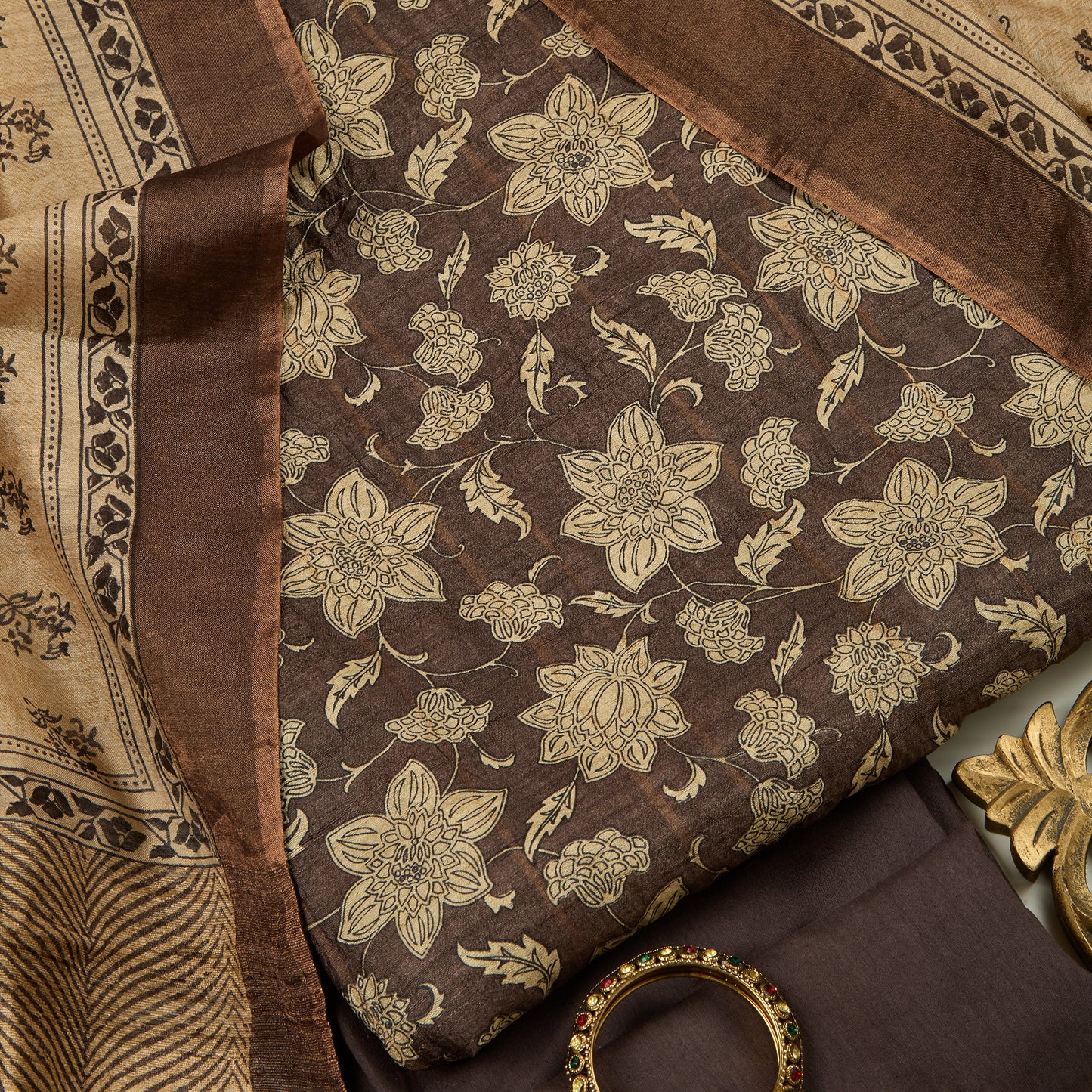 Dusty Grey Tussar Silk Printed Suit with Tussar Silk Dupatta