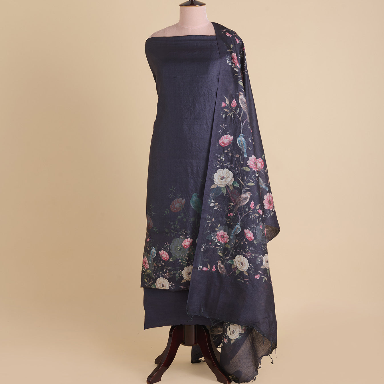 Dark Blue Tussar Silk Printed Kurta Set with Dupatta