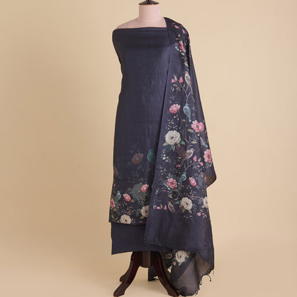 Dark Blue Tussar Silk Printed Kurta Set with Dupatta