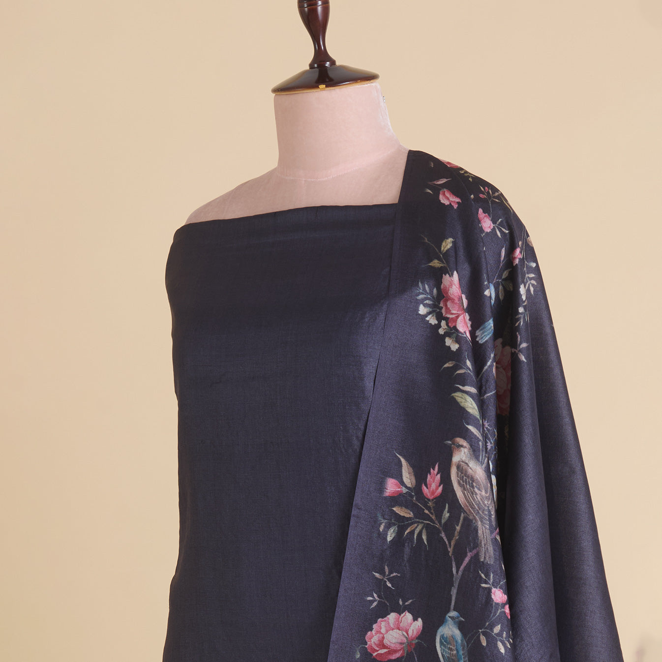 Dark Blue Tussar Silk Printed Kurta Set with Dupatta