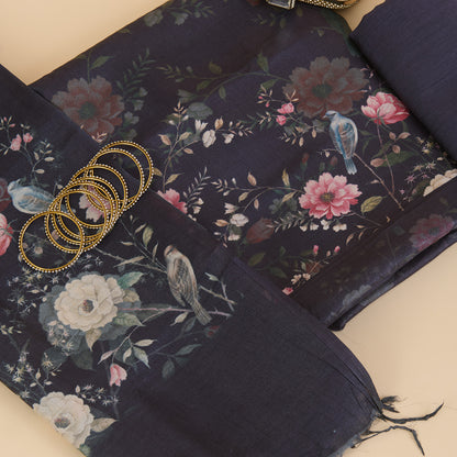 Dark Blue Tussar Silk Printed Kurta Set with Dupatta