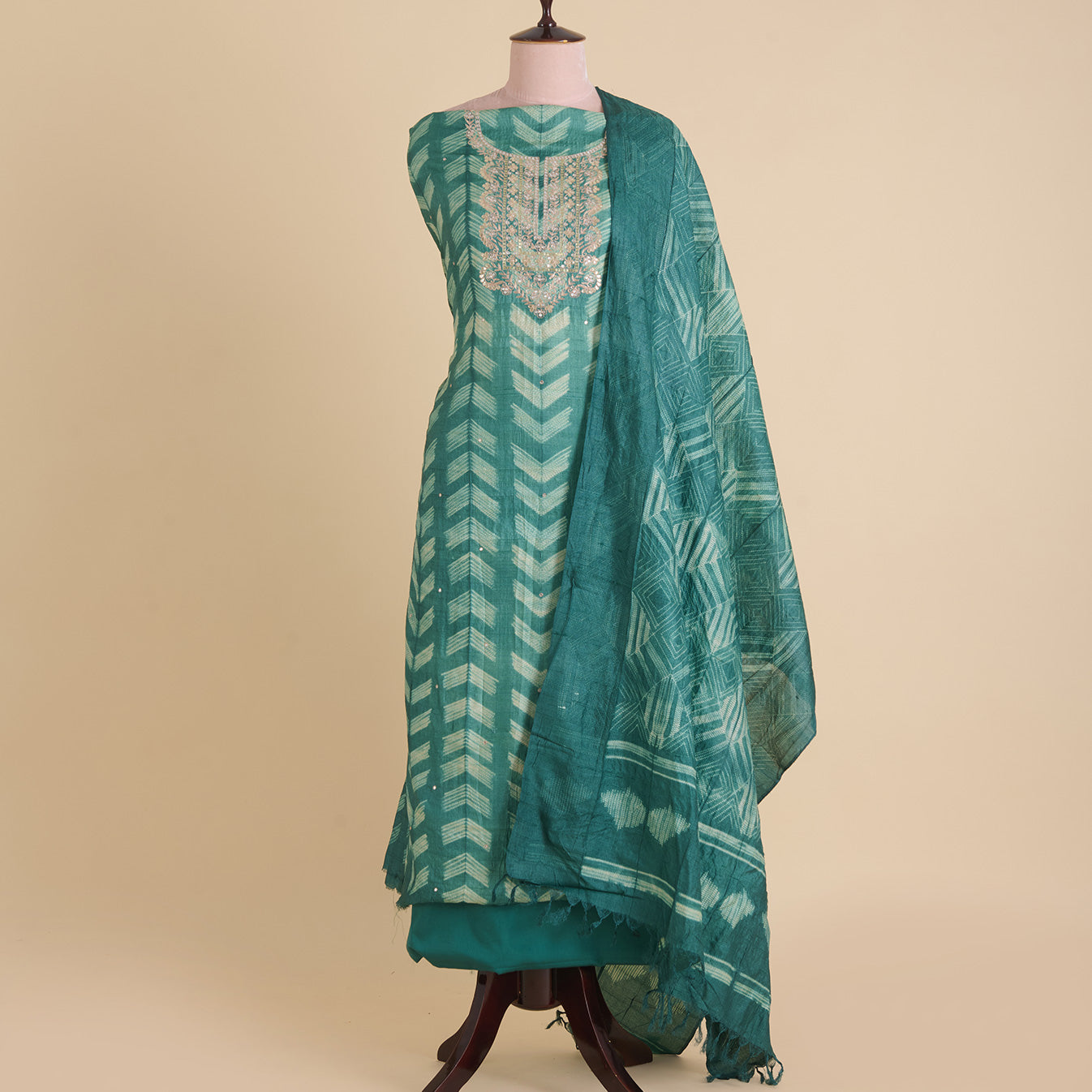 Green Tussar Silk Shibori Suit with Zari & Mirror Work